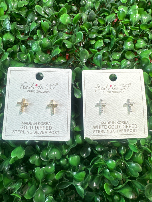 Gold & Silver Diamond Cross Earrings