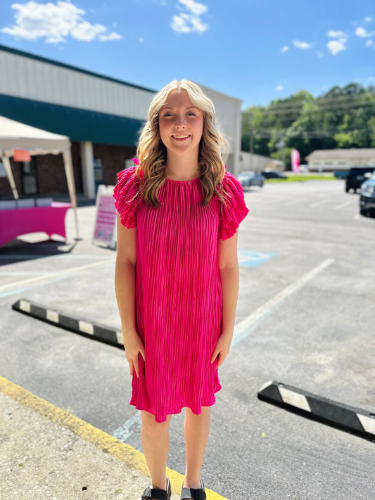 Fuchsia Pleated Satin Dress