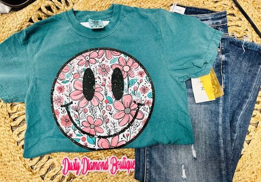 Emerald Floral Smile Face Comfort Colors Tee