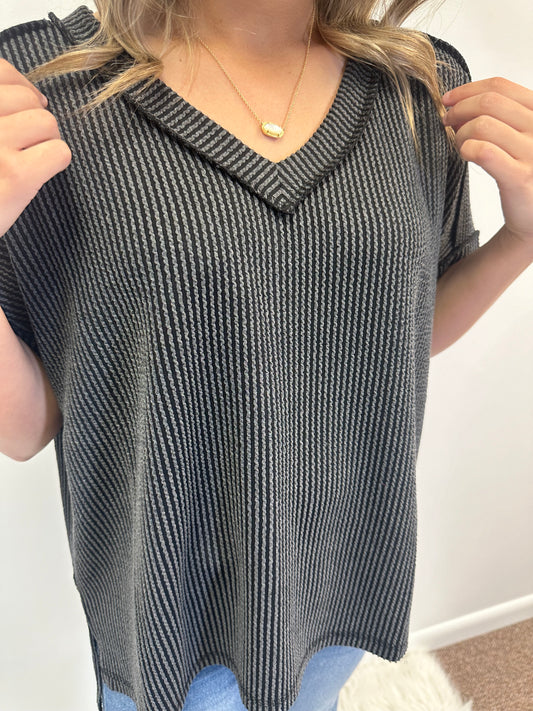 Charcoal Ribbed V Neck Top