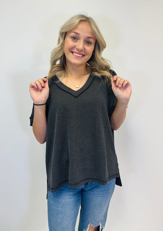 Charcoal Ribbed V Neck Top