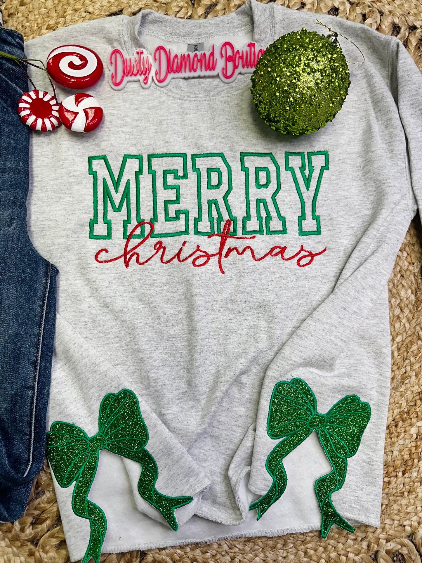 Merry Christmas Embroidered with Bows on Side Sweatshirt