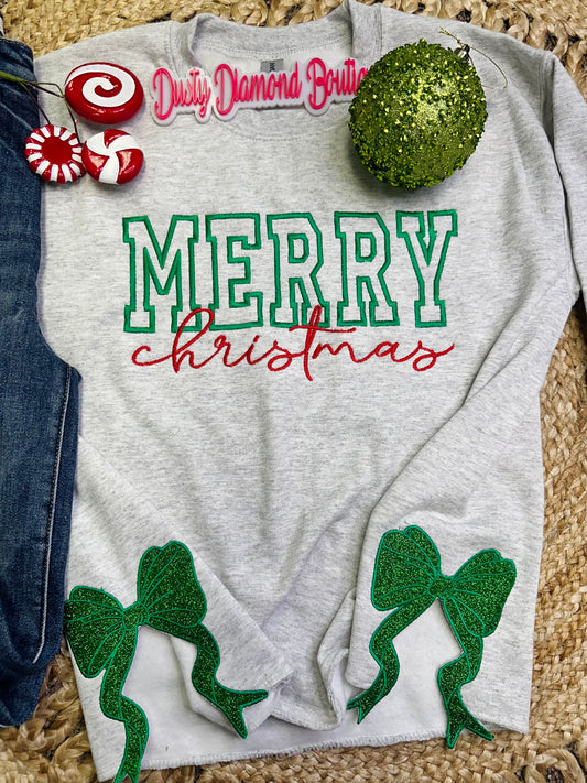 Merry Christmas Embroidered with Bows on Side Sweatshirt