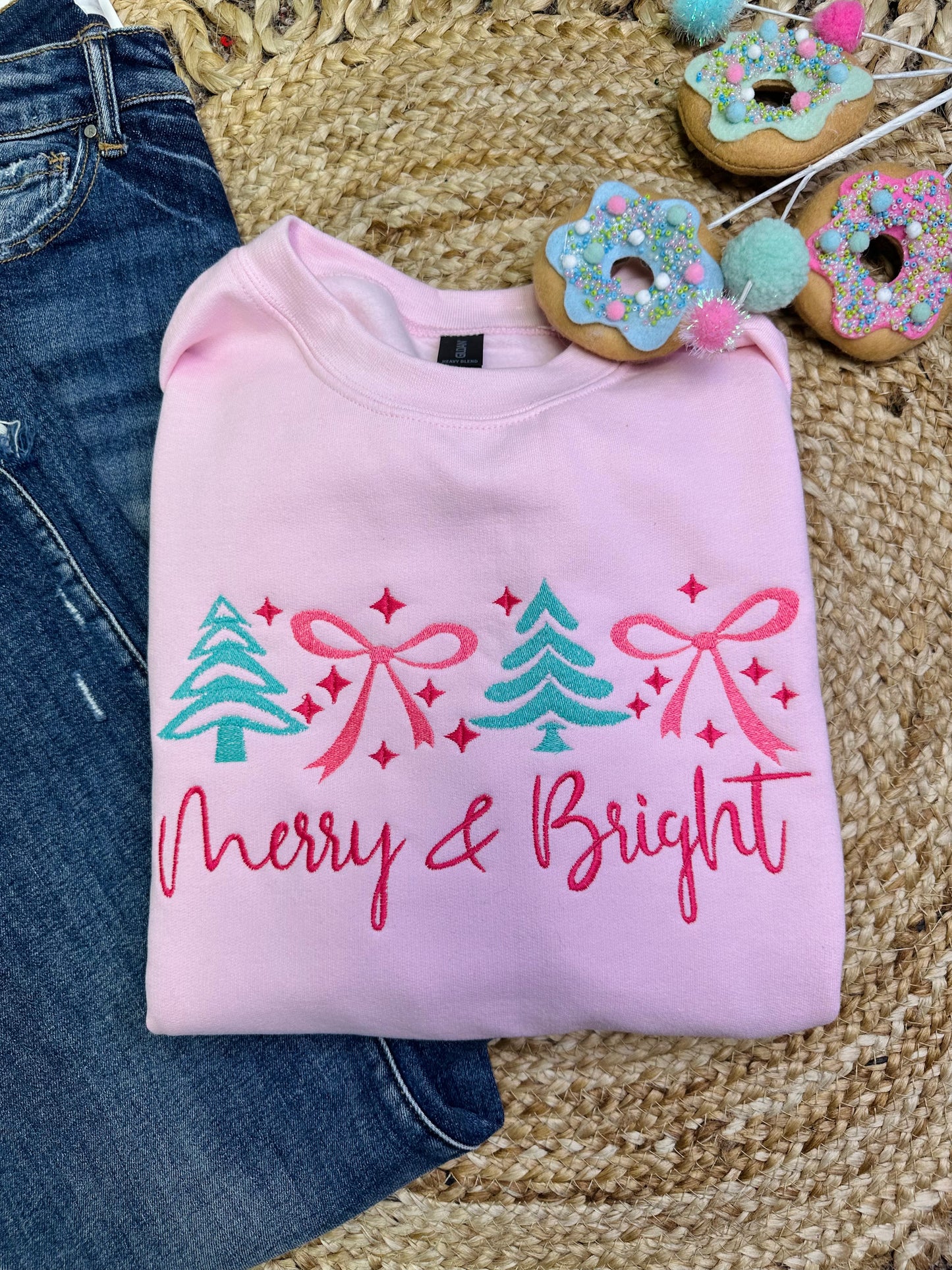 Merry & Bright Bows Embroidered Pink Sweatshirt