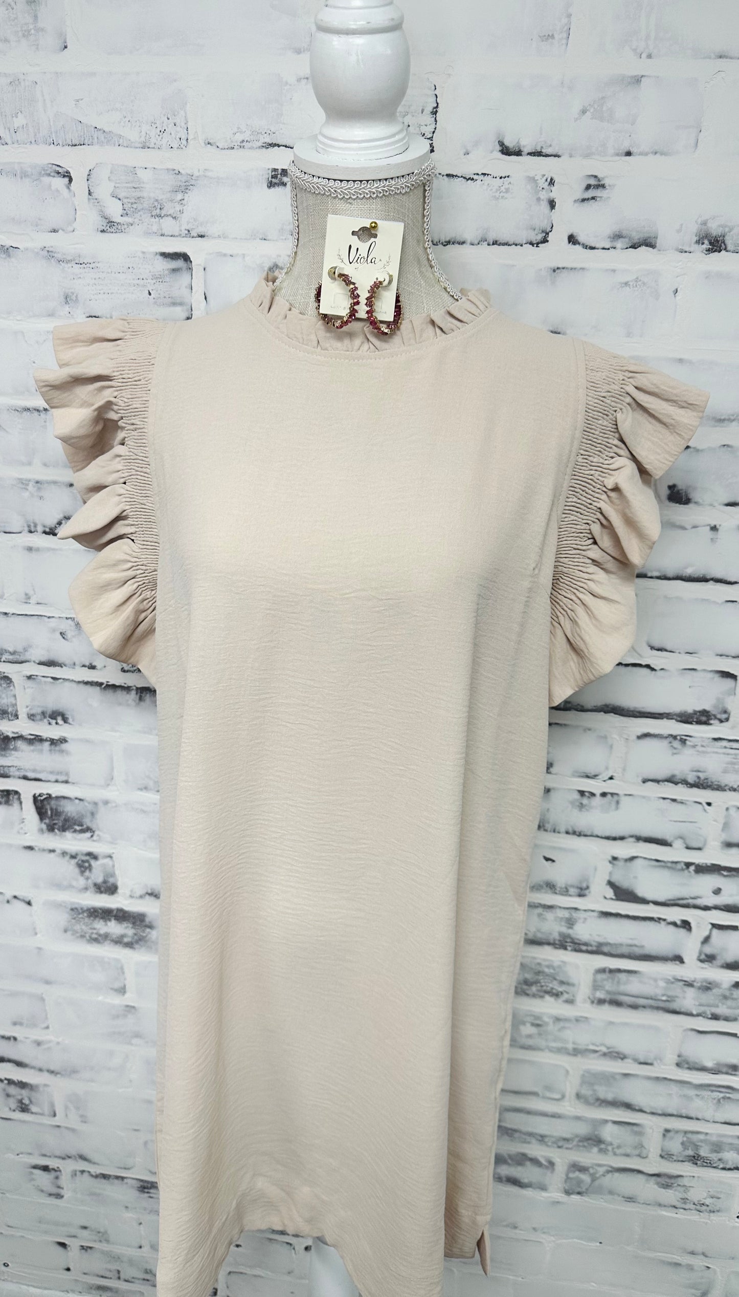 Beige Flutter Sleeve Dress