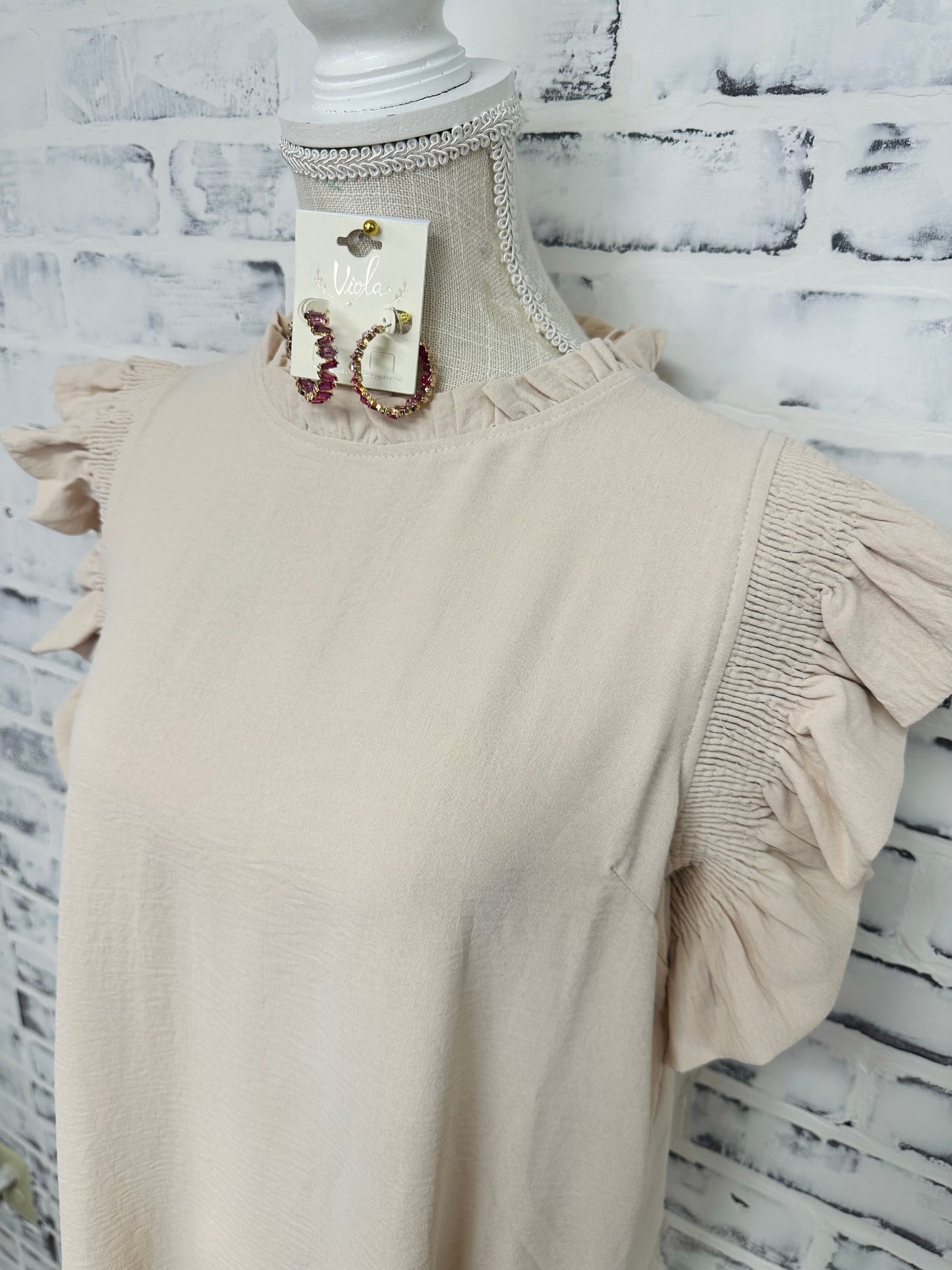 Beige Flutter Sleeve Dress