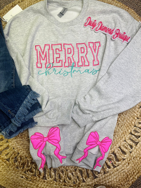 Pink Merry Christmas Embroidered Pink Bow Sides Gildian Sweatshirt