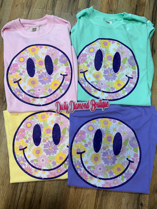 Lilac Floral Smiley Comfort Color T Shirt