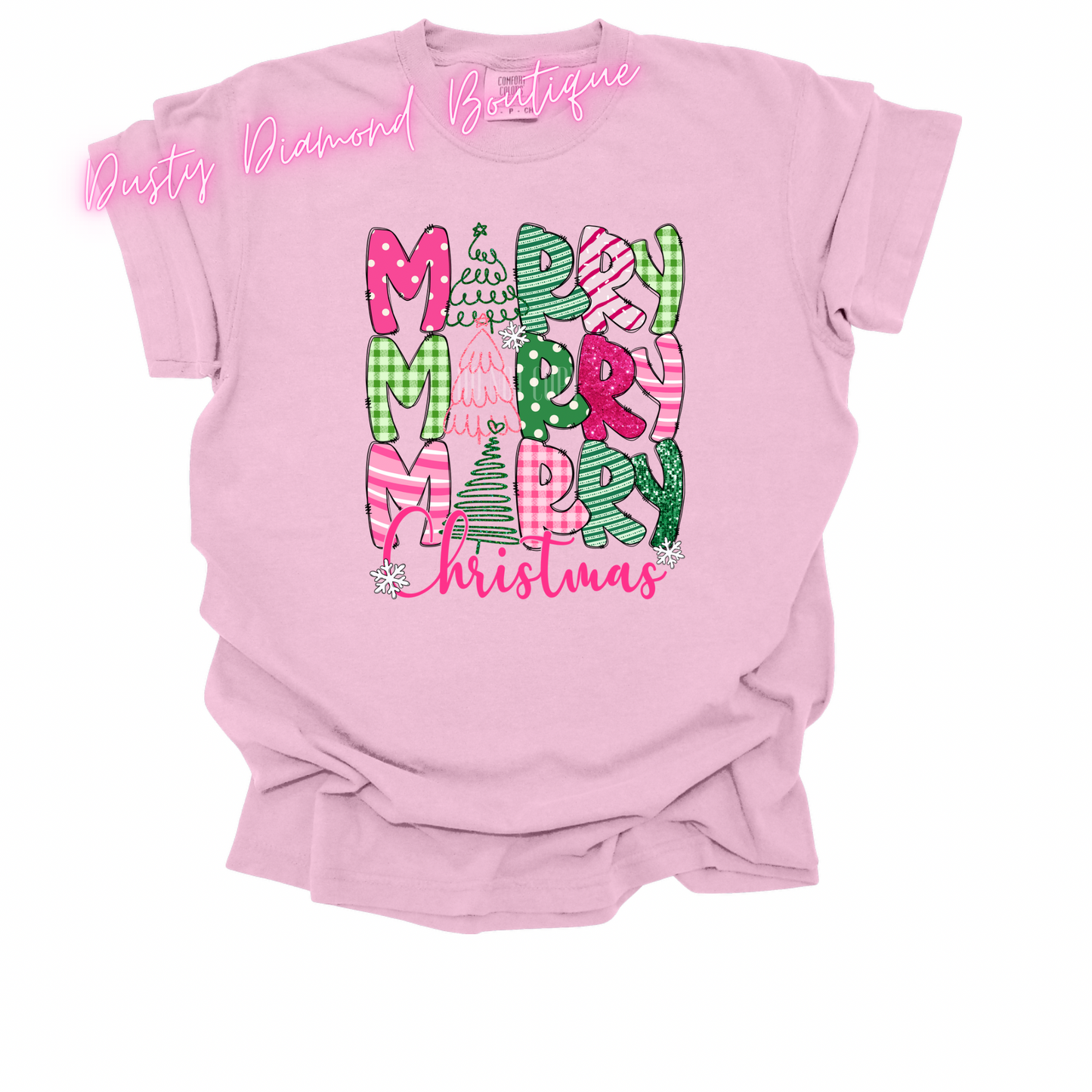 Merry Merry Christmas Pink & Green Comfort Color T shirt