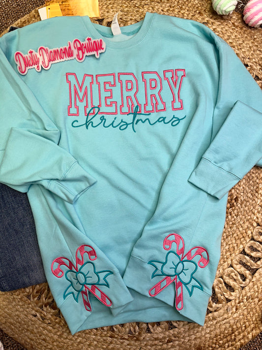 Merry Christmas Embroidered Sweatshirt Side Seam Candy Cane