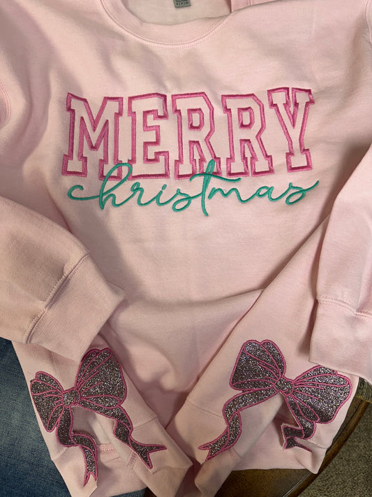 Pink Rose Gold Merry Christmas Bow Hem Sides Sweatshirt