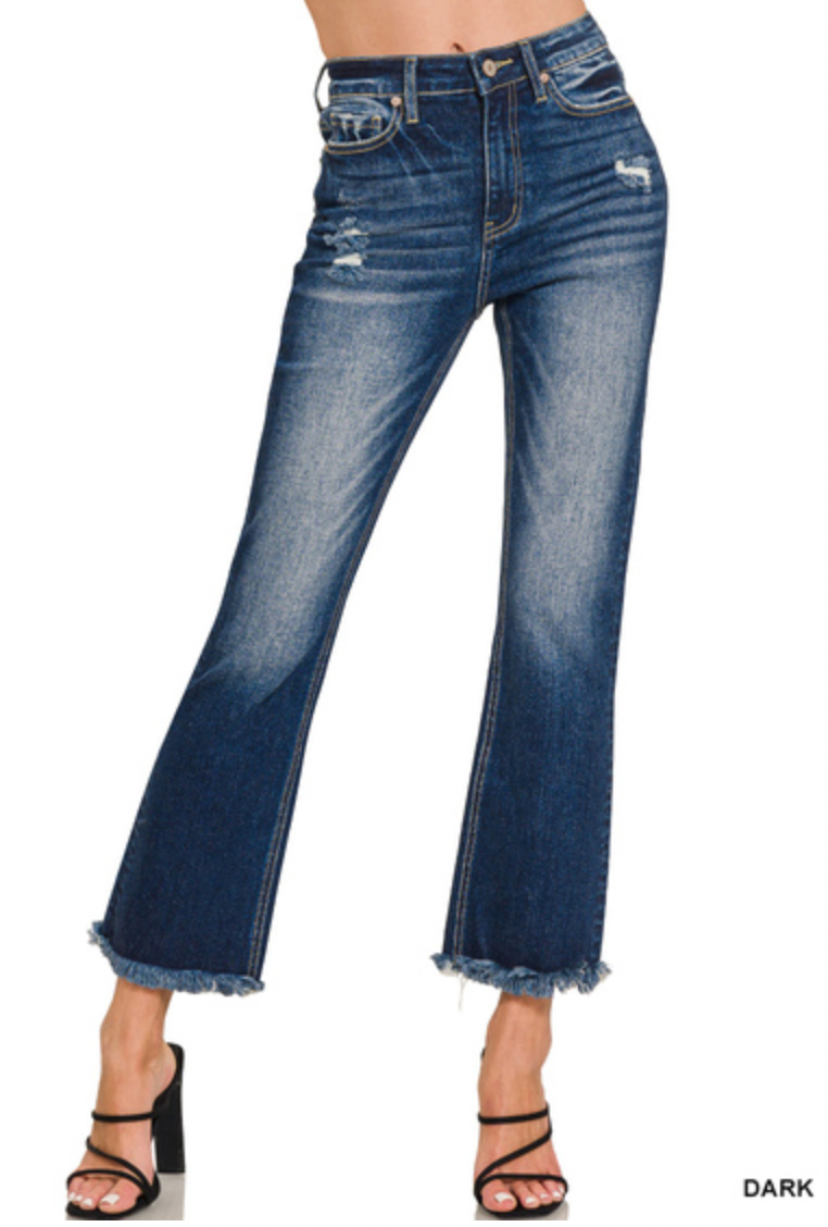 HIGH RISE STRAIGHT RAW HEM CROPPED DENIM PANTS