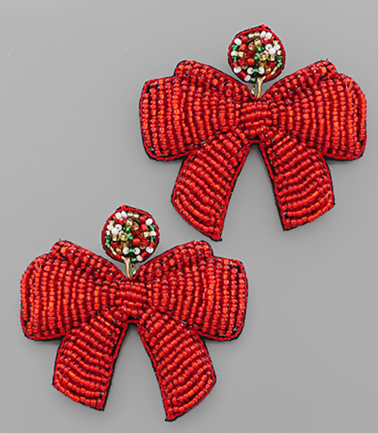 Christmas Bow Seed Bead Earrings