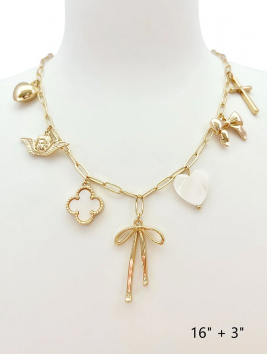 Elegant Bow & Clover Charm Necklace