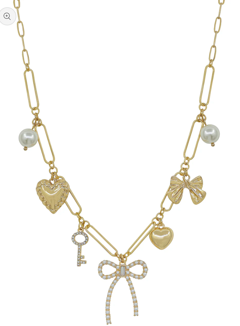 Pearl Bow & Heart Charm Necklace