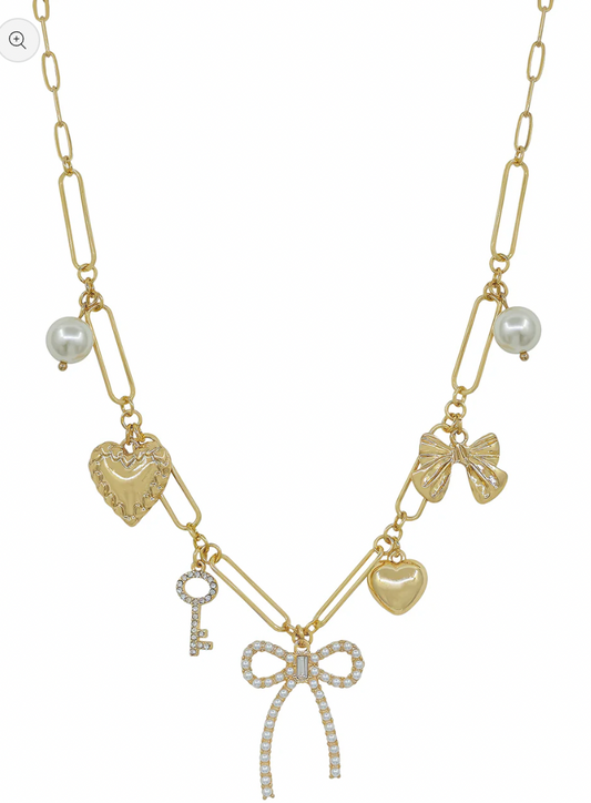 Pearl Bow & Heart Charm Necklace