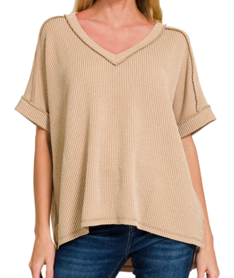 Light Mocha Ribbed V Neck Top